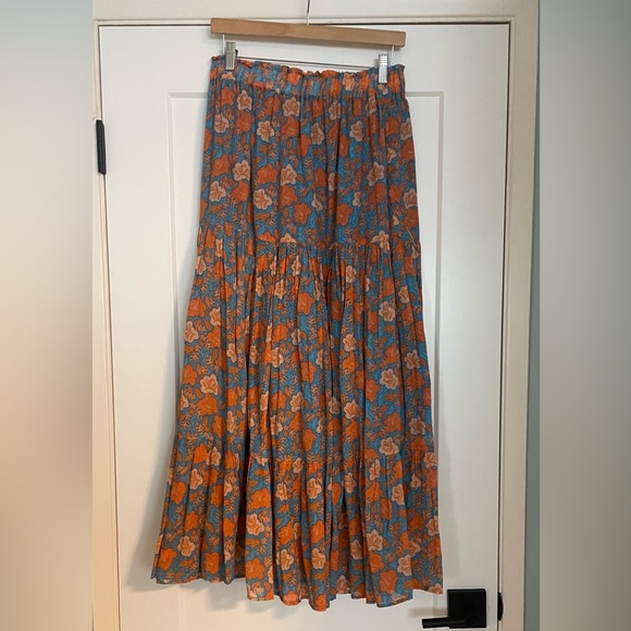 Sundry Floral Tiered Maxi Skirt in Blue and Orange Cotton. - Picture 3 of 4